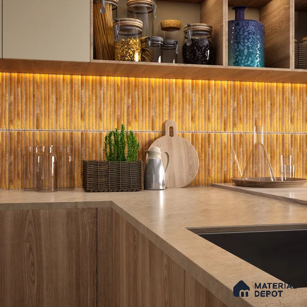 Faux Subway Wall Tile TL 05377 D Miraq Ripple Stripes Gold 2 ft x 1 ft Ceramic Glossy Finish - 8 mm | Suitable For Kitchen, Bathroom Walls and Backsplashes | Please Expect a Slight Variation of Pattern (Sample)