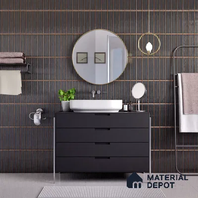 Faux Subway Wall Tile TL 05377 Miraq Ripple Stripes Black 2 ft x 1 ft Ceramic Glossy Finish - 8 mm | Suitable For Kitchen, Bathroom Walls and Backsplashes | Please Expect a Slight Variation of Pattern (Sample)