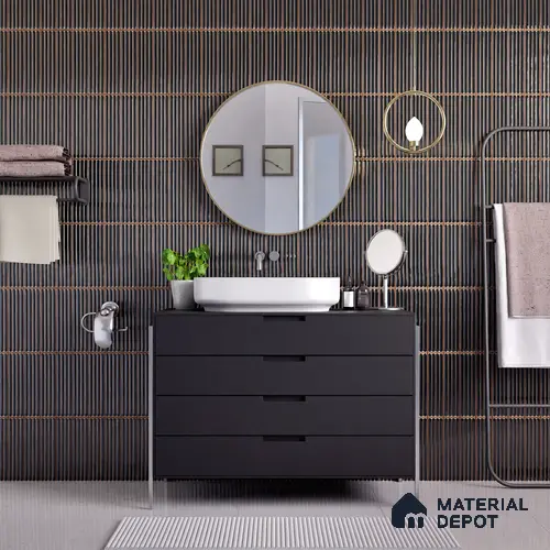 Faux Subway Wall Tile TL 05377 Miraq Ripple Stripes Black 2 ft x 1 ft Ceramic Glossy Finish - 8 mm | Suitable For Kitchen, Bathroom Walls and Backsplashes | Please Expect a Slight Variation of Pattern