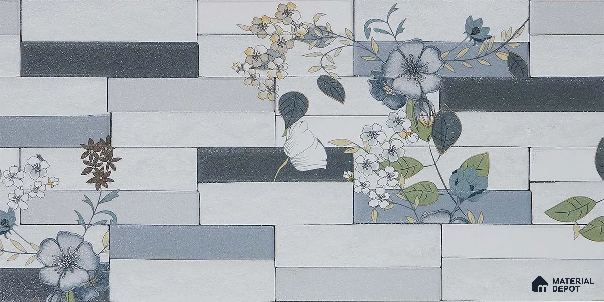 Faux Subway Wall Tile TL 05382 Miraq Stack Floral White 2 ft x 1 ft Ceramic Matte Finish - 8 mm | Suitable For Kitchen, Bathroom Walls and Backsplashes | Please Expect a Slight Variation of Pattern (Sample)