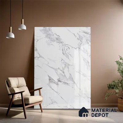 Large Format Marble Floor & Wall Tile TL 01465 Lerox White 6 ft x 4 ft Glossy Finish Vitrified Tile - 9 mm | Suitable For Living Room, Bedroom, Office | Adhesive and Spacers Must be Used During Installation