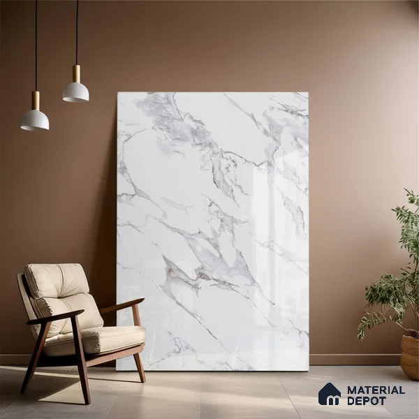 Large Format Marble Floor & Wall Tile TL 01465 Lerox White 6 ft x 4 ft Glossy Finish Vitrified Tile - 9 mm | Suitable For Living Room, Bedroom, Office | Adhesive and Spacers Must be Used During Installation