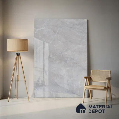 Budget Friendly Large Format Marble Floor & Wall Tile TL 01462 Ash Ford Bianco 6 ft x 4 ft Glossy Finish Vitrified Tile - 9 mm | Suitable For Living Room, Bedroom, Office | Adhesive and Spacers Must be Used During Installation