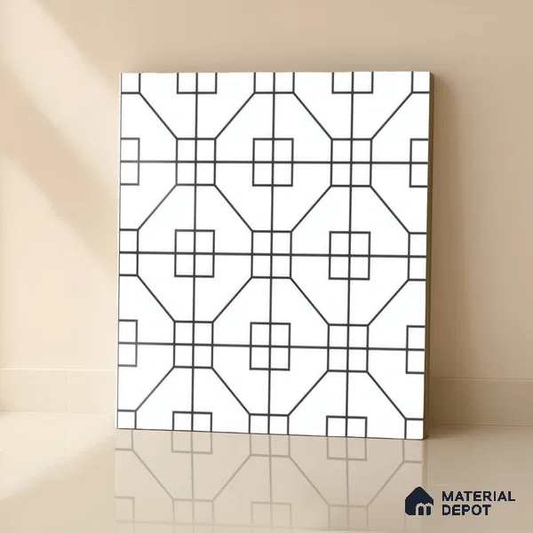 Moroccan Floor & Wall Tile TL 07649 Monochrome Geo Frame 1 ft x 1 ft Matte Finish Vitrified Tile - 9 mm | Suitable For Bathroom, Kitchen, Entryway | Please Expect a Slight Variation of Pattern