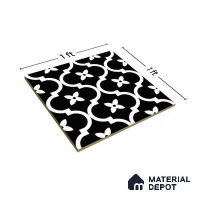 Moroccan Floor & Wall Tile TL 07637 Noir Quatrefoil 1 ft x 1 ft Matte Finish Vitrified Tile - 9 mm | Suitable For Bathroom, Kitchen, Living Area | Please Expect a Slight Variation of Pattern (Sample)