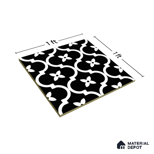 Moroccan Floor & Wall Tile TL 07637 Noir Quatrefoil 1 ft x 1 ft Matte Finish Vitrified Tile - 9 mm | Suitable For Bathroom, Kitchen, Living Area | Please Expect a Slight Variation of Pattern (Sample)