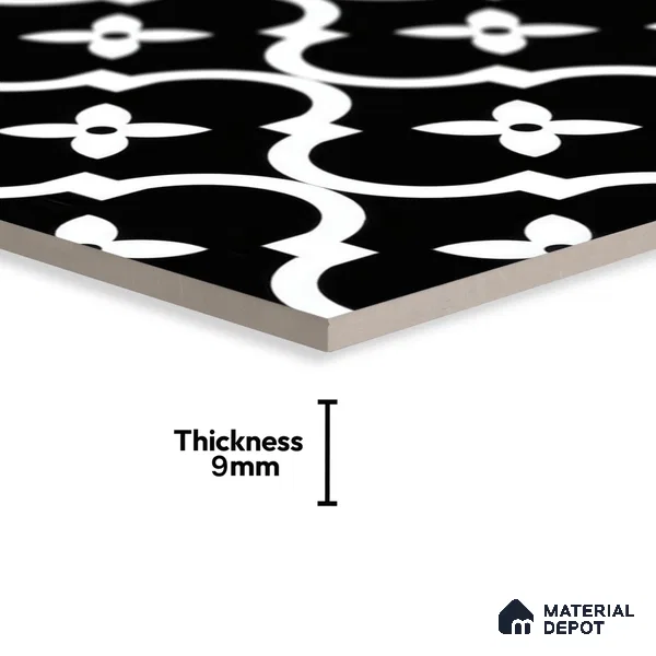 Moroccan Floor & Wall Tile TL 07637 Noir Quatrefoil 1 ft x 1 ft Matte Finish Vitrified Tile - 9 mm | Suitable For Bathroom, Kitchen, Living Area | Please Expect a Slight Variation of Pattern (Sample)