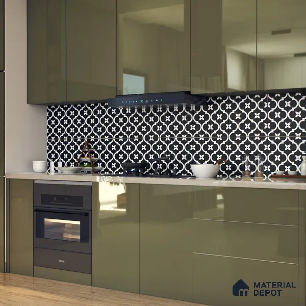 Moroccan Floor & Wall Tile TL 07637 Noir Quatrefoil 1 ft x 1 ft Matte Finish Vitrified Tile - 9 mm | Suitable For Bathroom, Kitchen, Living Area | Please Expect a Slight Variation of Pattern (Sample)