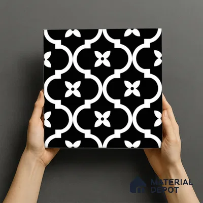 Moroccan Floor & Wall Tile TL 07637 Noir Quatrefoil 1 ft x 1 ft Matte Finish Vitrified Tile - 9 mm | Suitable For Bathroom, Kitchen, Living Area | Please Expect a Slight Variation of Pattern (Sample)