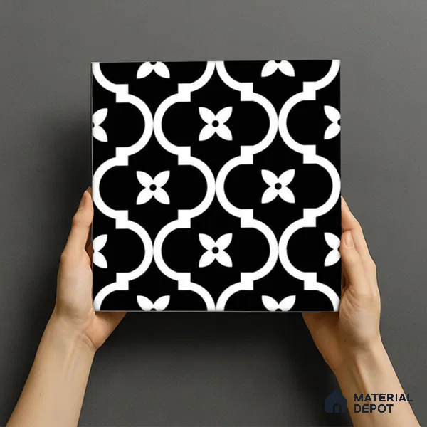 Moroccan Floor & Wall Tile TL 07637 Noir Quatrefoil 1 ft x 1 ft Matte Finish Vitrified Tile - 9 mm | Suitable For Bathroom, Kitchen, Living Area | Please Expect a Slight Variation of Pattern (Sample)