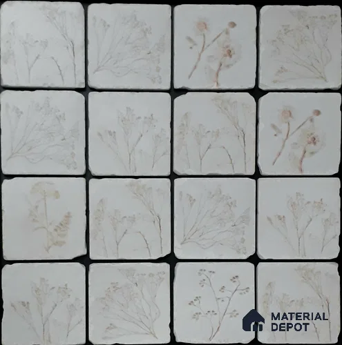 Handmade Third Fired Tumbled Tile TL 12985 Chalk Botanical 97x97 mm Matte Finish Vitrified Full Body Mutipurpose Wall & Floor French Series Tile - 10 mm