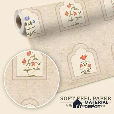 Floral Radiance Framed Jharokha | Cream & Coral Floral Arch Frame Look Wallpaper Soft Feel (Customised Size)