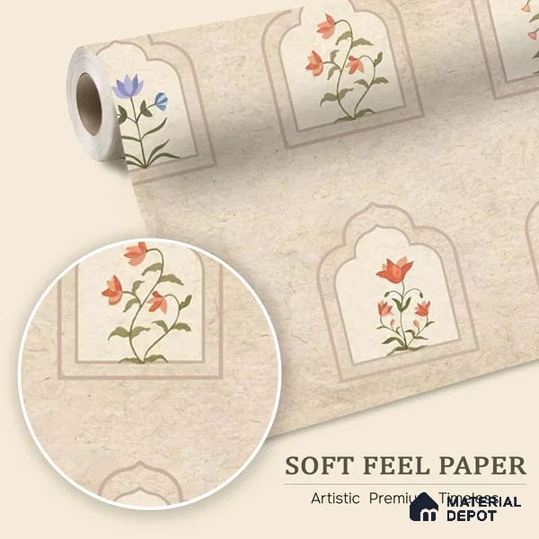 Floral Radiance Framed Jharokha | Cream & Coral Floral Arch Frame Look Wallpaper Soft Feel (Customised Size)