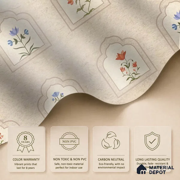 Floral Radiance Framed Jharokha | Cream & Coral Floral Arch Frame Look Wallpaper Soft Feel (Customised Size)