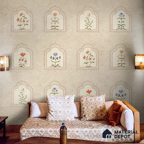 Floral Radiance Framed Jharokha Wallpaper for Rooms, Customised Indrani Series Soft Feel Patterned Design (Customised Size Wallpaper )