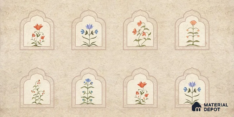 Floral Radiance Framed Jharokha | Cream & Coral Floral Arch Frame Look Wallpaper Soft Feel (Customised Size)