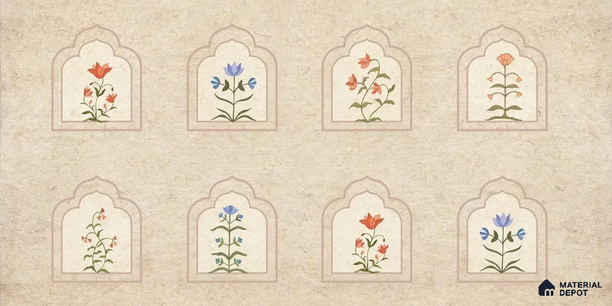Floral Radiance Framed Jharokha | Cream & Coral Floral Arch Frame Look Wallpaper Soft Feel (Customised Size)