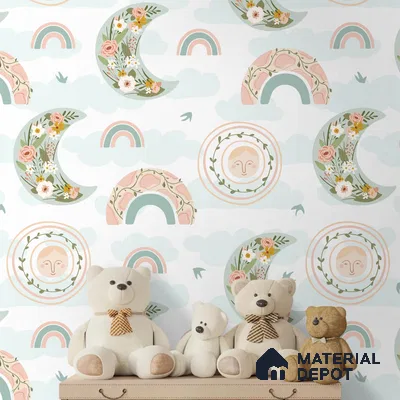 Floral Rainbows and Moon Baby Wallpaper 10 Meter x 19.68 Inches Soft Feel Paper Type Wallpaper -54 Sq. Ft. | Minimum 15% wastage during installation