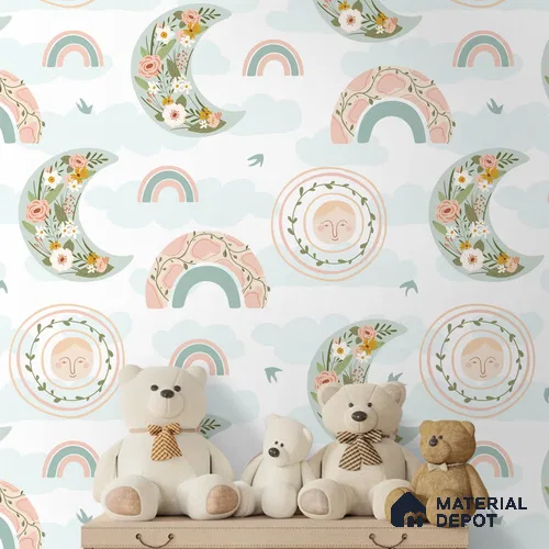 Floral Rainbows and Moon Baby Wallpaper 10 Meter x 19.68 Inches Soft Feel Paper Type Wallpaper -54 Sq. Ft. | Minimum 15% wastage during installation