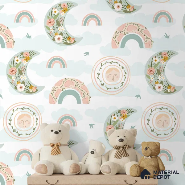 Floral Rainbows and Moon Baby Wallpaper 10 Meter x 19.68 Inches Soft Feel Paper Type Wallpaper -54 Sq. Ft. | Minimum 15% wastage during installation