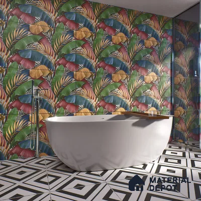 Tropical Wall Tile TL 06306 G Florelle Tropical Verdant 4 ft x 2 ft Vitrified Lustera Effect Feather Feel Matte Finish - 9 mm | Suitable for Bathroom, Accent/Feature Wall, Basin Area