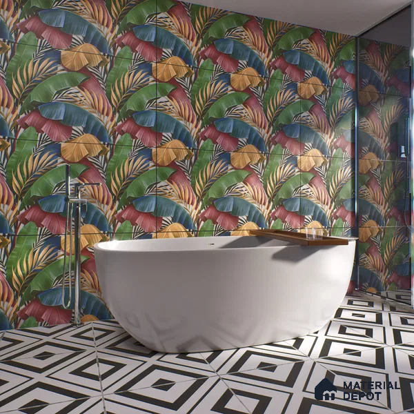 Tropical Wall Tile TL 06306 G Florelle Tropical Verdant 4 ft x 2 ft Vitrified Lustera Effect Feather Feel Matte Finish - 9 mm | Suitable for Bathroom, Accent/Feature Wall, Basin Area