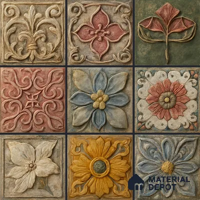 Handmade Third Fired Tumbled Tile TL 12983 Carved Rosette 97x97 mm Glazed Matte Finish Embossed On Vitrified Mexican Series Tile - 11 mm | Custom Design & Individual Designs Available
