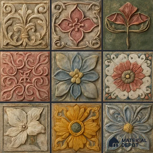Handmade Third Fired Tumbled Tile TL 12983 Carved Rosette 97x97 mm Glazed Matte Finish Embossed On Vitrified Mexican Series Tile - 11 mm | Custom Design & Individual Designs Available