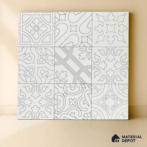 Moroccan Wall & Floor Tile TL 04163 Floriana White 2 ft x 2 ft Carving Matte Finish Vitrified Tile - 9 mm | 3 Random Design | Suitable For Kitchen, Bathroom, Dining Area | Please Expect a Slight Variation of Pattern (Sample)