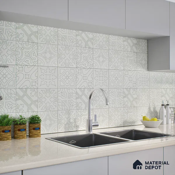 Moroccan Wall & Floor Tile TL 04163 Floriana White 2 ft x 2 ft Carving Matte Finish Vitrified Tile - 9 mm | 3 Random Design | Suitable For Kitchen, Bathroom, Dining Area | Please Expect a Slight Variation of Pattern (Sample)