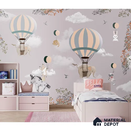 Flying Animals on Hot Air Balloons Wallpaper Design for Kids, Customised Sparkla N Shine Series Canvas Entertainment Design (Customised Size Wallpaper)