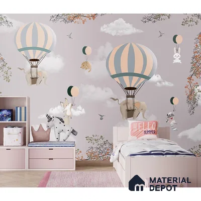 Flying Animals on Hot Air Balloons Wallpaper Design for Kids, Customised Sparkla N Shine Series Handmade Entertainment Design (Customised Size Wallpaper)