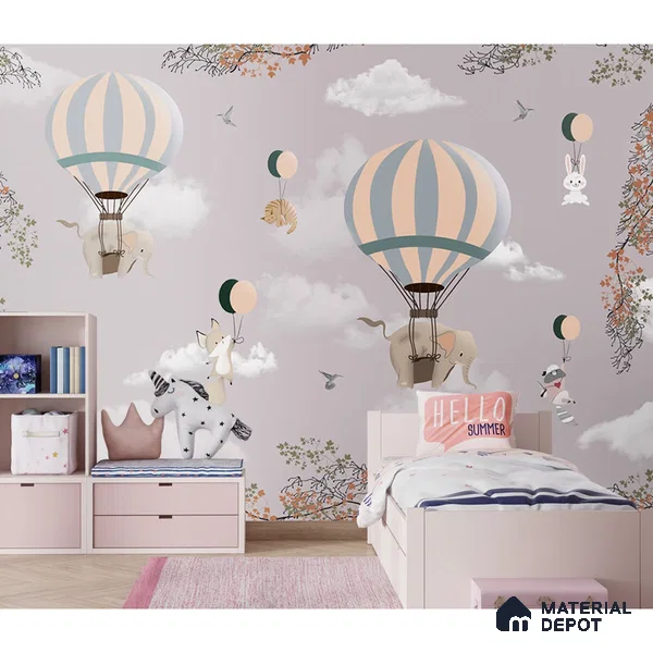Flying Animals on Hot Air Balloons Wallpaper Design for Kids, Customised Sparkla N Shine Series Soft Feel Entertainment Design (Customised Size Wallpaper)