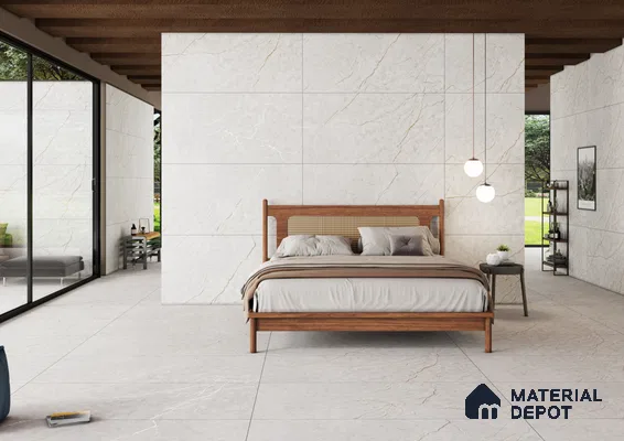 Modern Tranquility: Bedroom with Marble-Inspired Tiles | Material Depot