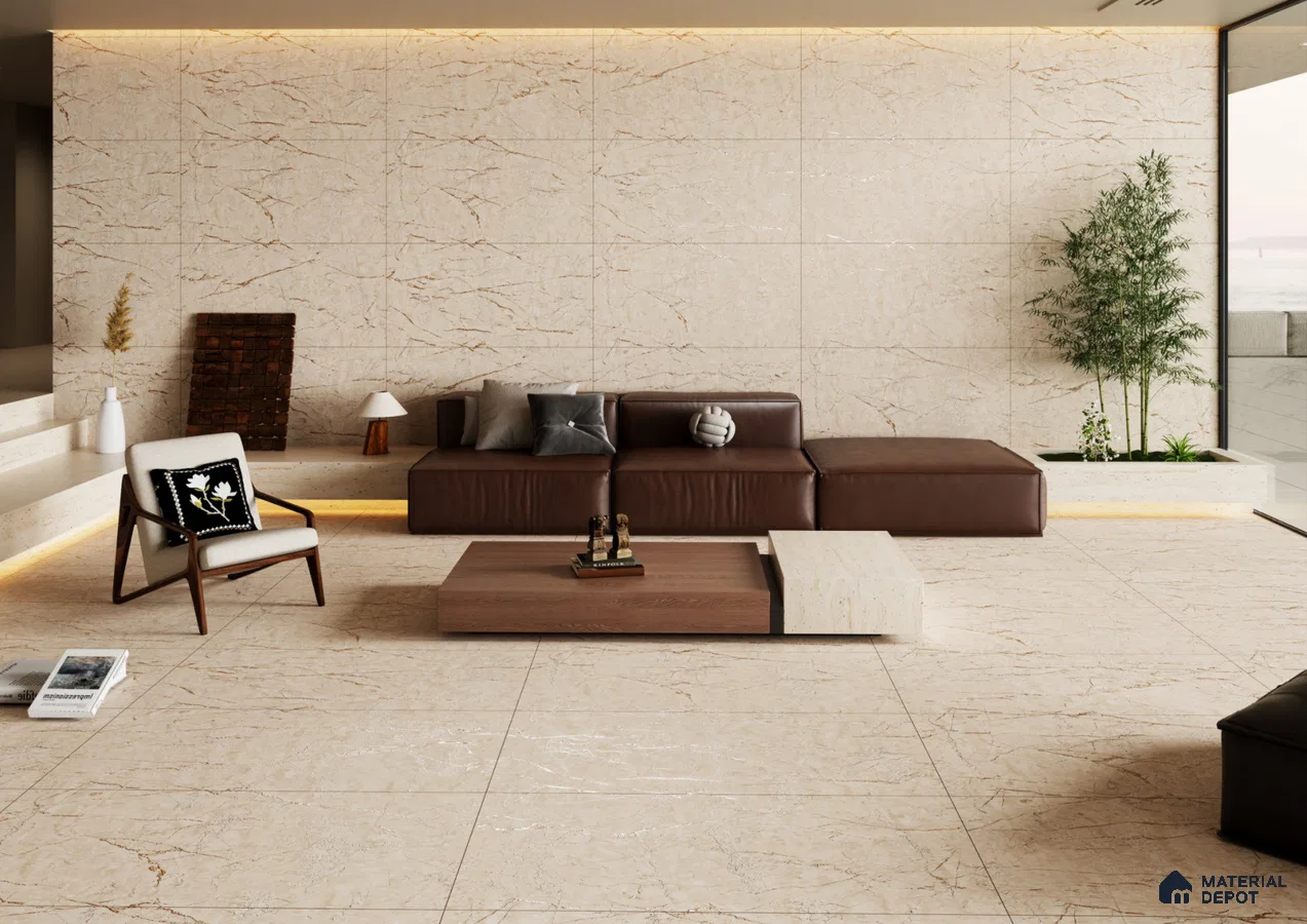 Contemporary Elegance: Living Room with Marble-Inspired Tiles | Material Depot