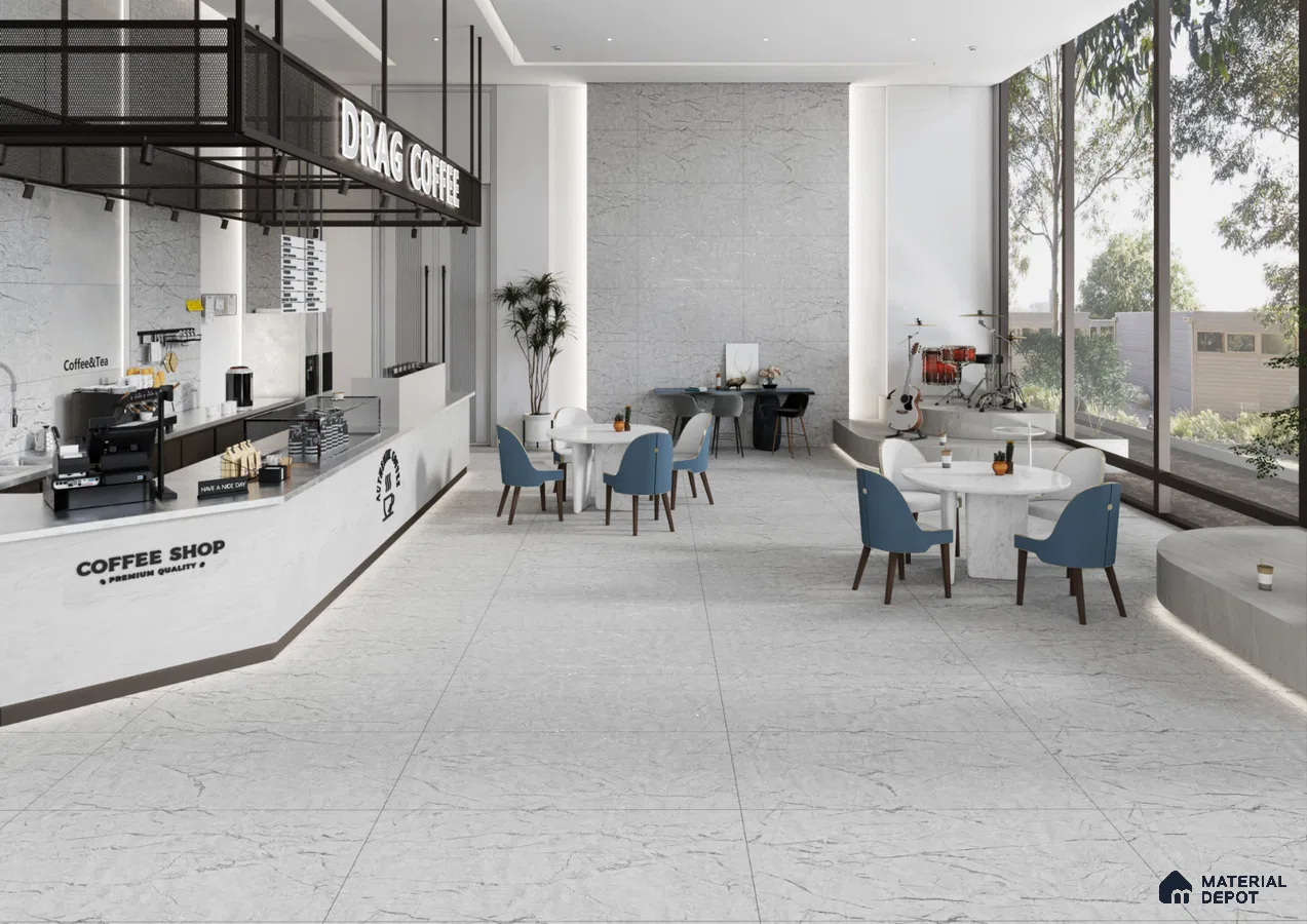 Contemporary Coffee Shop with Elegant Marble-Inspired Tiles | Material Depot
