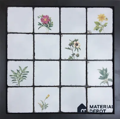 Handmade Third Fired Tumbled Tile TL 12990 Herbarium Sprig HL & Base Mix 97x97 mm Glazed Matte Finish Vitrified Mutipurpose Wall & Floor French Series Tile - 9 mm