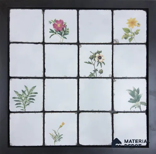 Handmade Third Fired Tumbled Tile TL 12990 Herbarium Sprig HL & Base Mix 97x97 mm Glazed Matte Finish Vitrified Mutipurpose Wall & Floor French Series Tile - 9 mm