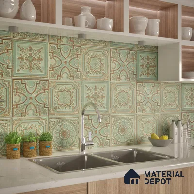 Moroccan Wall Tile TL 04930 C Imperial Grace Decor Antique Floral Green 1 ft x 1 ft Ceramic Matte Finish - 9 mm | Suitable for Bathroom, Kitchen, Foyer | Please Expect a Slight Variation of Pattern