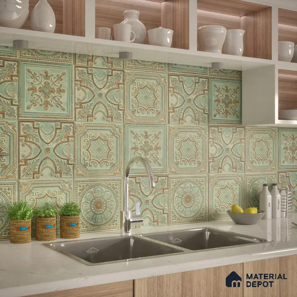 Moroccan Wall Tile TL 04930 C Imperial Grace Decor Antique Floral Green 1 ft x 1 ft Ceramic Matte Finish - 9 mm | Suitable for Bathroom, Kitchen, Foyer | Please Expect a Slight Variation of Pattern