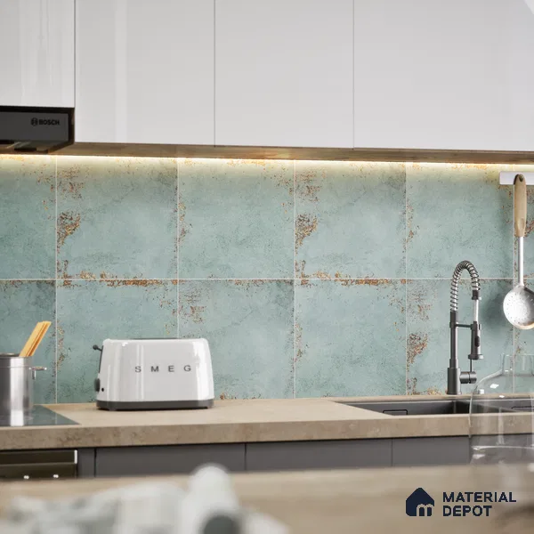 Punch Stone Wall Tile TL 04930 D Imperial Grace Base Antique Floral Green 1 ft x 1 ft Ceramic Matte Finish - 9 mm | Suitable for Living Room, Bedroom, Bathroom, Courtyard, Balcony (Sample)