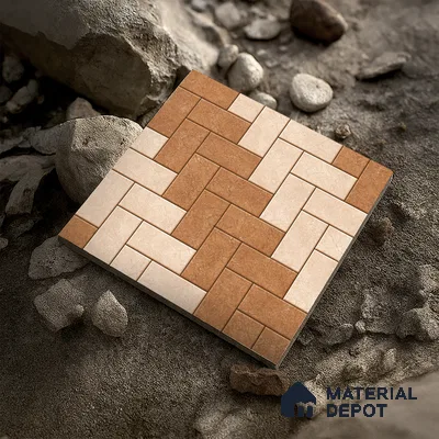 Geometric Floor Tile TL 05300 B Strada Herringbone Crema 16 inch x 16 inch Vitrified Punch Matte Finish - 12 mm | Suitable for Parking, Balcony, Courtyard, Patio, Terrace (Sample)