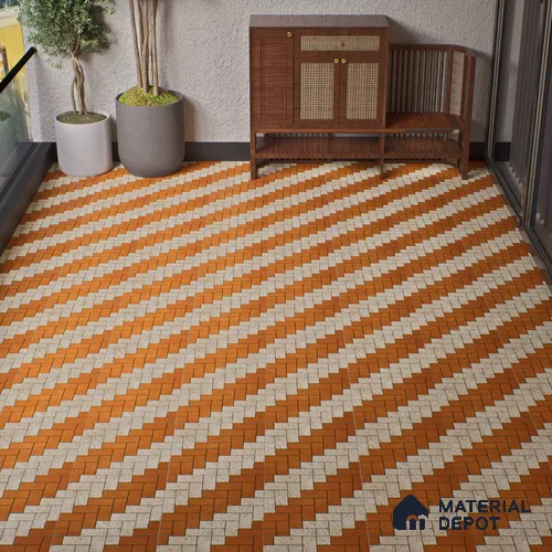 Stone Brick Floor Tile TL 05300 C Strada Herringbone Triza 16 inch x 16 inch Vitrified Punch Matte Finish - 12 mm | Suitable for Parking, Balcony, Courtyard, Patio, Terrace | Pattern Alignment May Vary | 2-3 mm Spacer is Mandatory