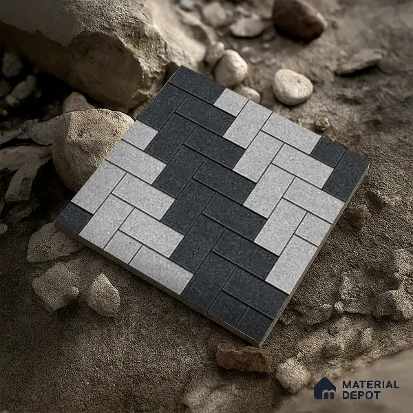 Geometric Floor Tile TL 05300 E Strada Herringbone Shadow 16 inch x 16 inch Vitrified Punch Matte Finish - 12 mm | Suitable for Parking, Balcony, Courtyard, Patio, Terrace | Pattern Alignment May Vary | 2-3 mm Spacer is Mandatory