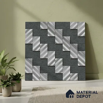 Stone Floor Tile TL 05300 O Strada Herringbone Haze Black 20 inch x 20 inch Vitrified Matte Finish - 12 mm | Suitable for Parking, Balcony, Courtyard, Patio, Terrace | Pattern Alignment May Vary | 2-3 mm Spacer is Mandatory
