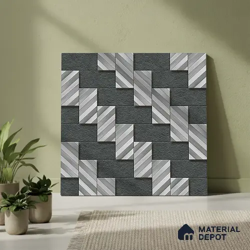 Stone Floor Tile TL 05300 O Strada Herringbone Haze Black 20 inch x 20 inch Vitrified Matte Finish - 12 mm | Suitable for Parking, Balcony, Courtyard, Patio, Terrace | Pattern Alignment May Vary | 2-3 mm Spacer is Mandatory