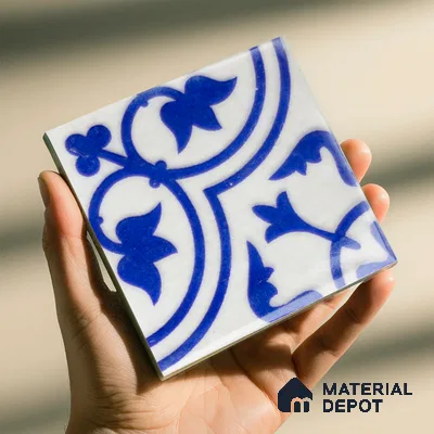 Subway Wall & Floor Handmade Tile TL 05860 B Leaf Arc Azure Harmony 98 mm x 98 mm Vitrified - 9 mm | 6 Random Patterns | Suitable For Kitchen, Bathroom, Accent/Feature Wall