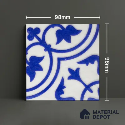 Subway Wall & Floor Handmade Tile TL 05860 B Leaf Arc Azure Harmony 98 mm x 98 mm Vitrified - 9 mm | 6 Random Patterns | Suitable For Kitchen, Bathroom, Accent/Feature Wall
