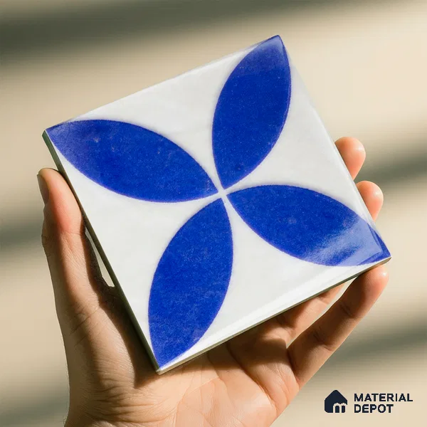 Subway Wall & Floor Handmade Tile TL 05860 D Abstract Petal Azure Harmony 98 mm x 98 mm Vitrified - 9 mm | 6 Random Patterns | Suitable For Kitchen, Accent/Feature Wall, Bathroom