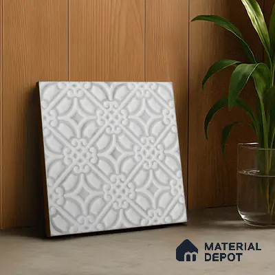 Subway Wall & Floor Handmade Tile TL 05861 B Curved Grid Frost Bloom 148 mm x 148 mm Vitrified - 9 mm | 4 Random Patterns | Suitable For Living Room, Bedroom, Kitchen
